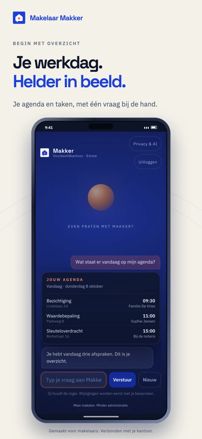 Voorbeeld in de app: Makker toont je afspraken na de vraag wat er vandaag op je agenda staat