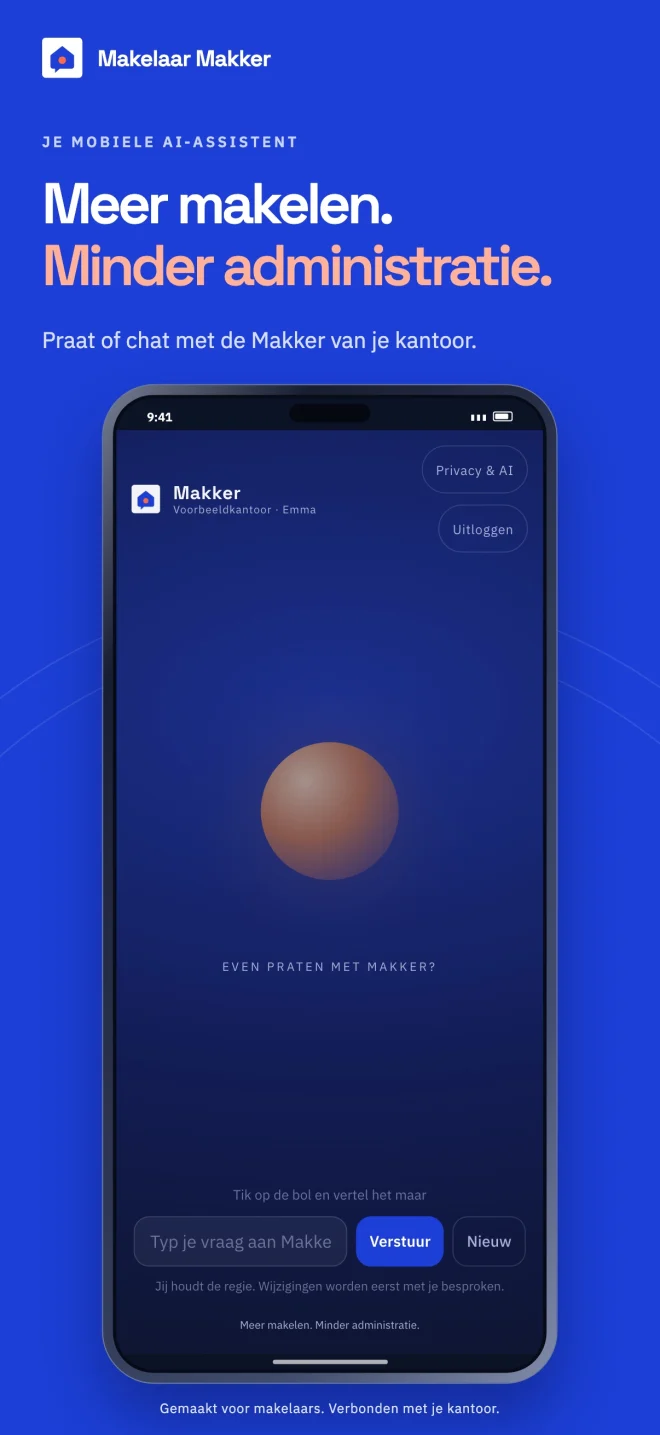 Makker in de app: tik op de bol om te praten of typ je vraag in de chat